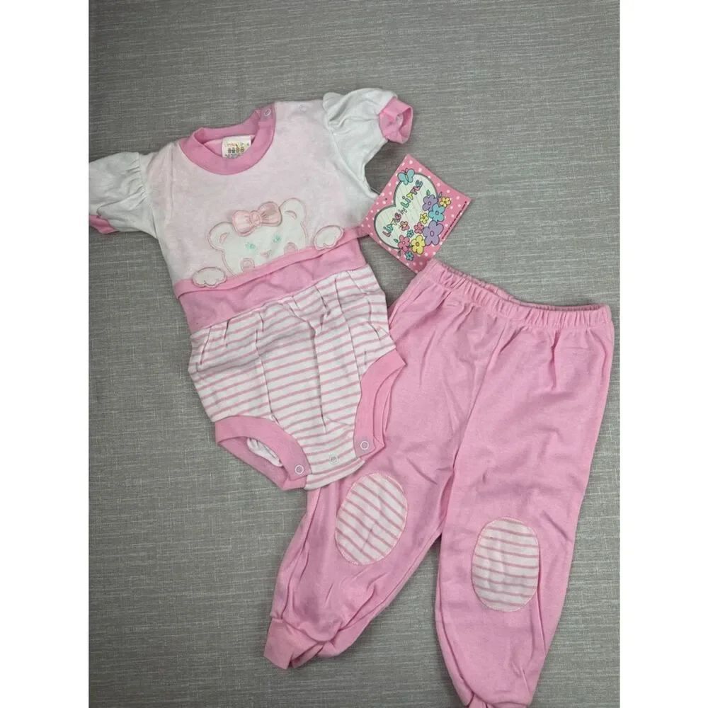 Vintage 80s Pink Bear Onsie & Pants Set NWT Size 18 mo.